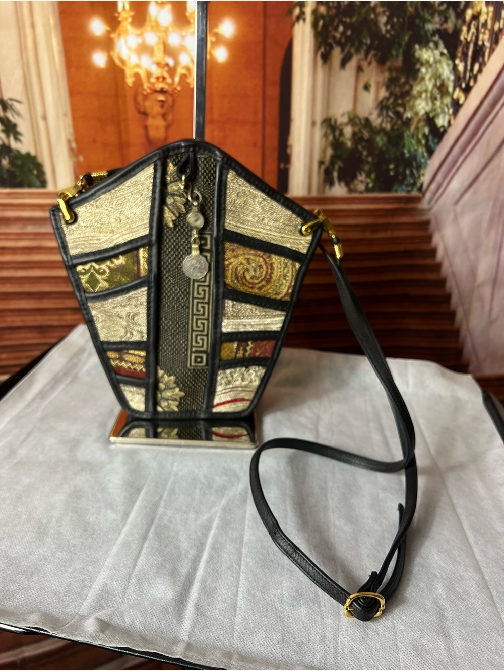 Vintage Albano Brocade Crossbody Bag, Black Leather Silk Cord, whimsical Charm❤️